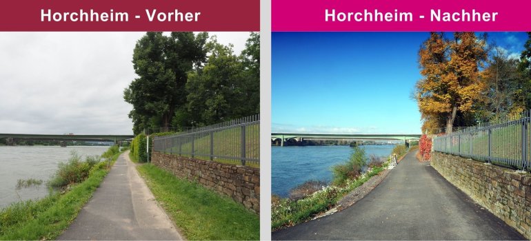 In Koblenz-Horchheim konnte der südliche Abschnitt zwischen Stadtgrenze Lahnstein und Wiesenpfad auf einer Länge von 650 m fertiggestellt werden. In Koblenz-Horchheim konnte der südliche Abschnitt zwischen Stadtgrenze Lahnstein und Wiesenpfad auf einer Länge von 650 m fertiggestellt werden.