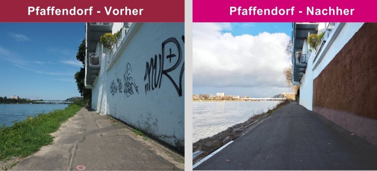 Der kurze aber dennoch baulich herausfordernde Abschnitt aufgrund der beengten Verhältnisse in Koblenz-Pfaffendorf wurde in 2024 saniert. Der kurze aber dennoch baulich herausfordernde Abschnitt aufgrund der beengten Verhältnisse in Koblenz-Pfaffendorf wurde in 2024 saniert.