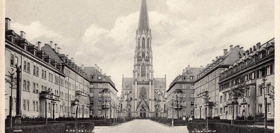 Blick durch die Südallee auf die St.-Josef-Kirche, 1920er Jahre