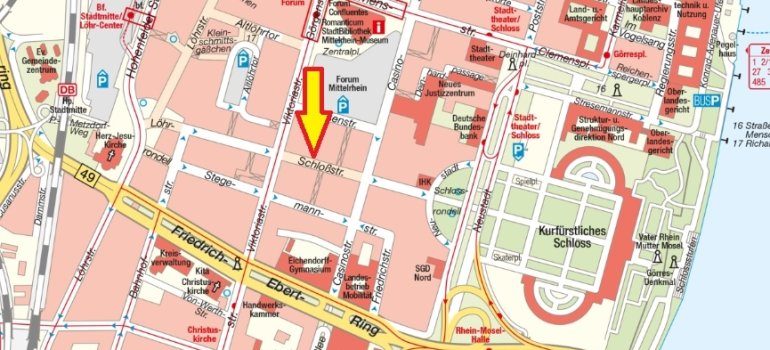 Hier ist eine eingegrenzte Karte von Koblenz mit dem Standort des Wochenmarktes- der Schloßstraße- zu sehen
