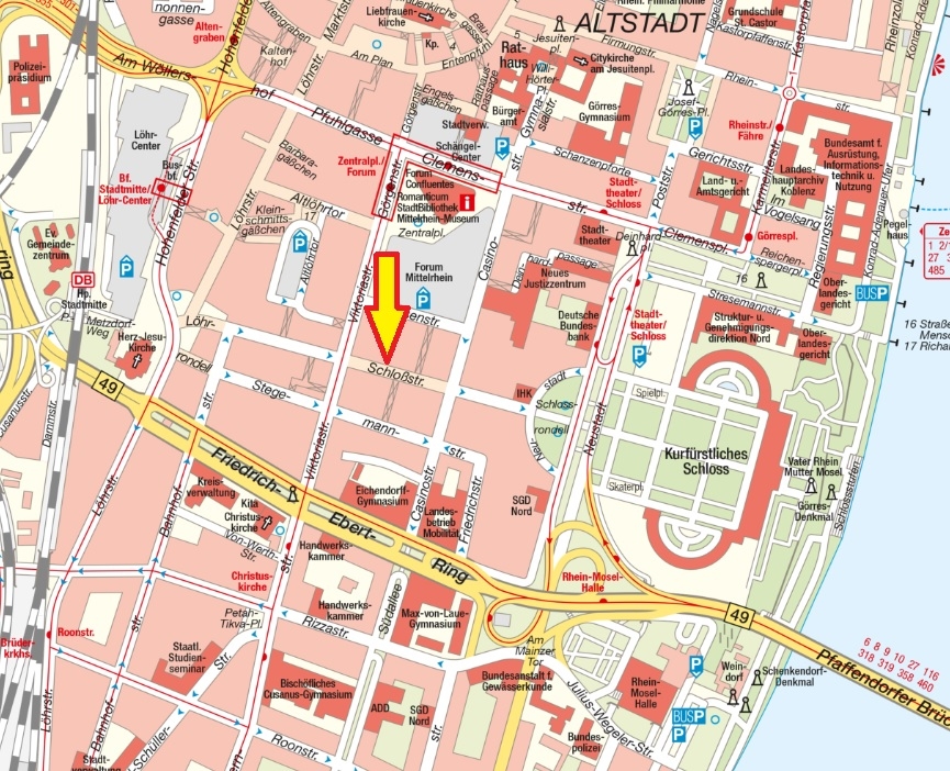 Hier ist eine eingegrenzte Karte von Koblenz mit dem Standort des Wochenmarktes- der Schloßstraße- zu sehen