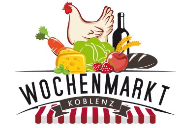 Das Logo des Wochenmarktes Koblenz zeigt einen Marktstand mit einem Hahn, Gemüse, Brot, Käse und Spirituosen.