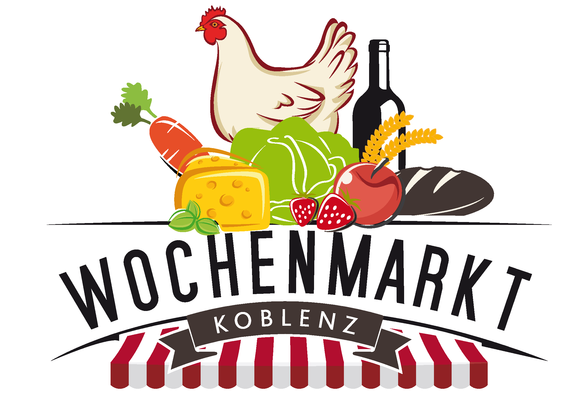 Das Logo des Wochenmarktes Koblenz zeigt einen Marktstand mit einem Hahn, Gemüse, Brot, Käse und Spirituosen.